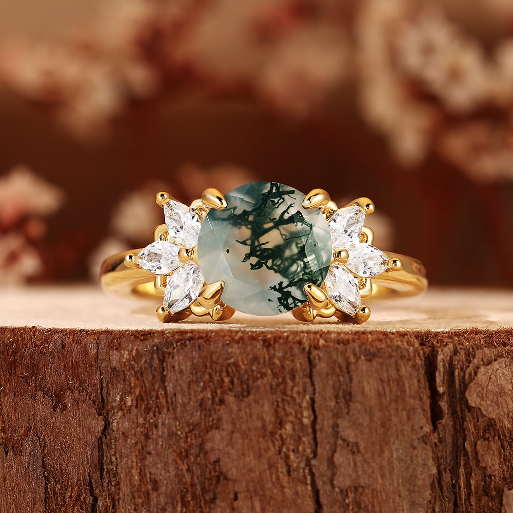 Unique Round Moss Agate Vintage Art Deco Flower Cluster Engagement Ring