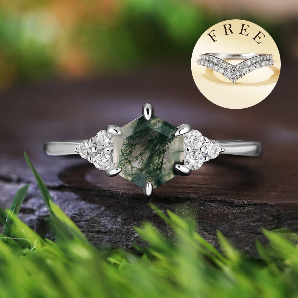 [Buy 1 Get 1 Free]Vintage Unique 6*6 Hexagon Cut Moss Agate Retro Claw 6 Pron Bridal Set