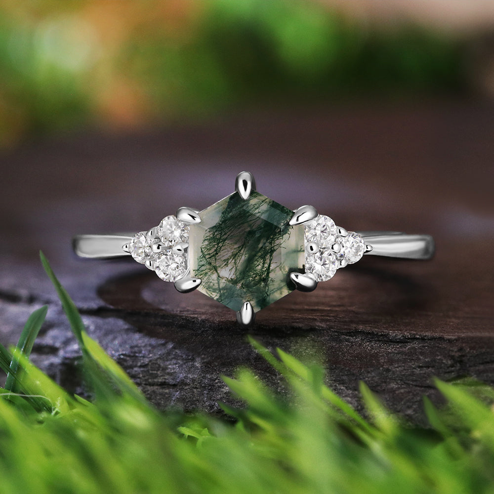Vintage Unique 6*6 Hexagon Cut Moss Agate Retro Claw 6 Prong Engagement Ring