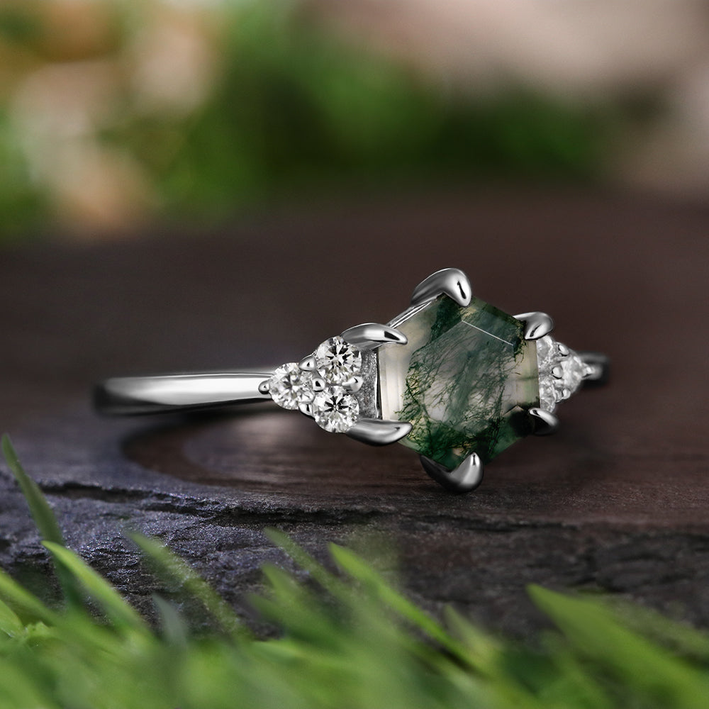 Vintage Unique 6*6 Hexagon Cut Moss Agate Retro Claw 6 Prong Engagement Ring