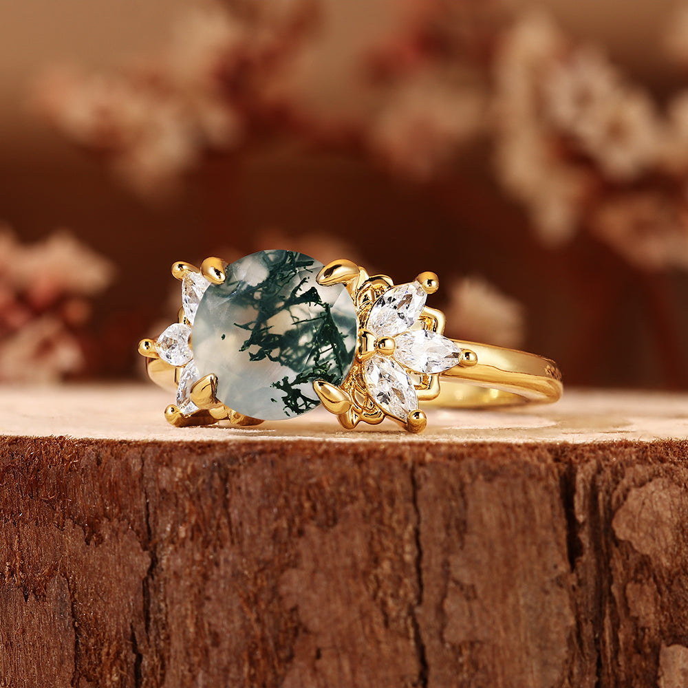 Unique Round Moss Agate Vintage Art Deco Flower Cluster Engagement Ring