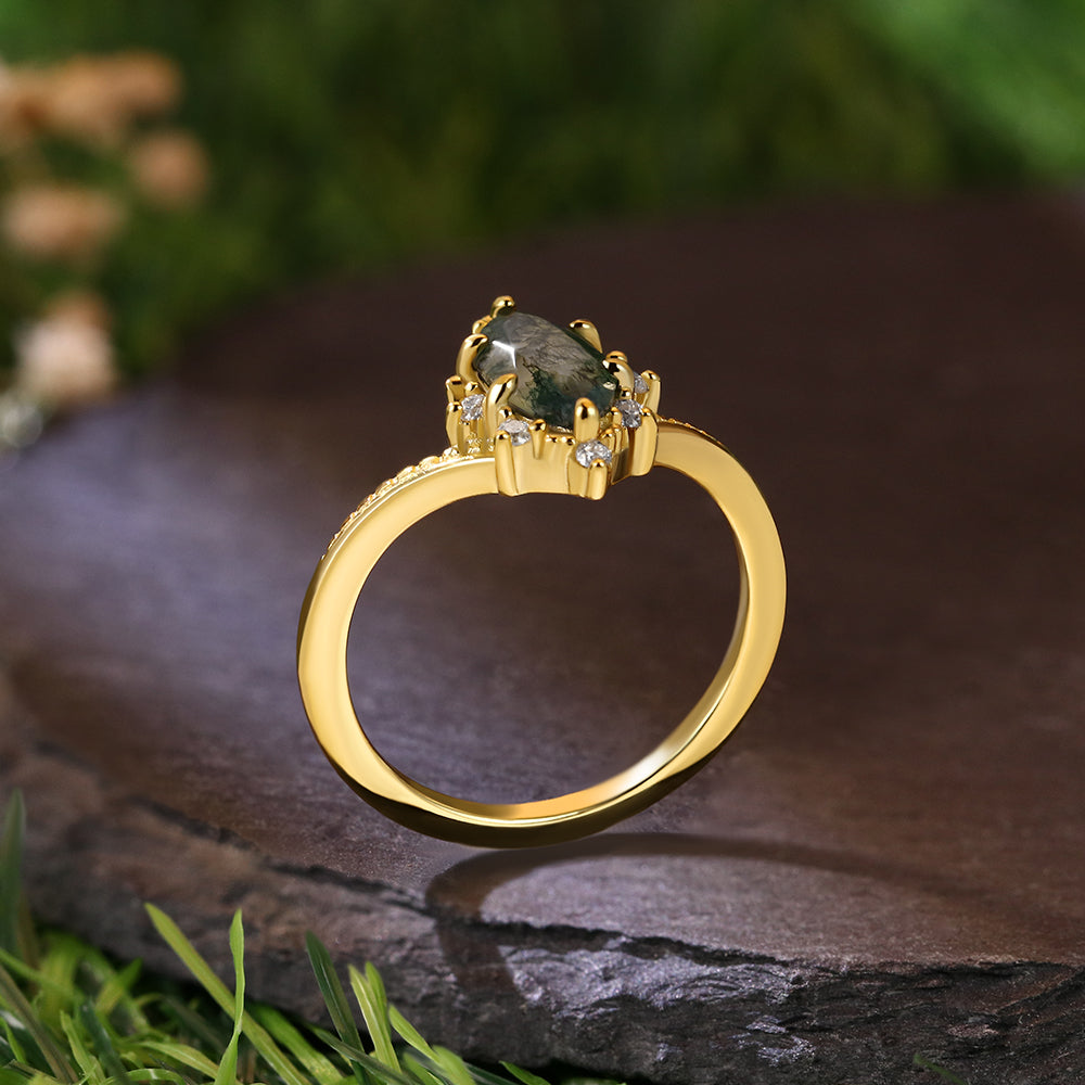 Vintage 5*10 Marquise Cut Moss Agate Retro Claw 6 Prong Engagement Ring