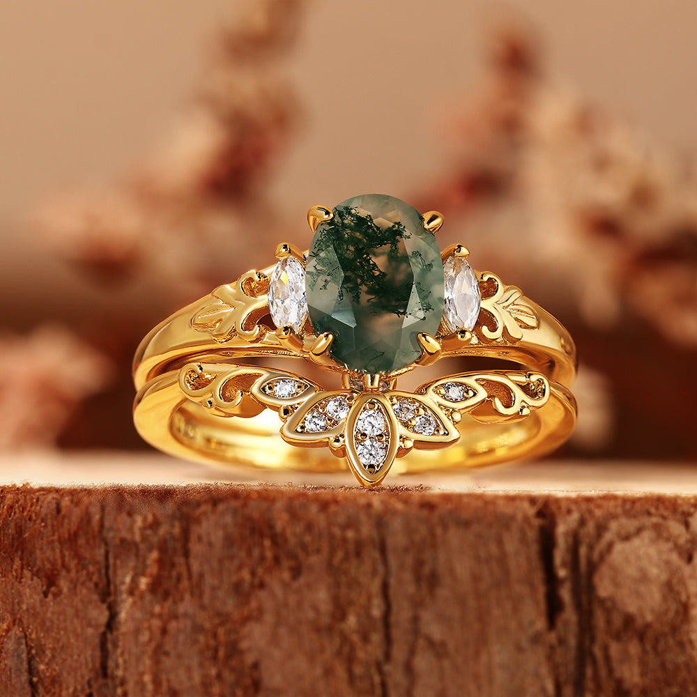 Oval Moss Agate Engagement Ring Bridal Set, Vintage Botanical Curved Matching Band Set