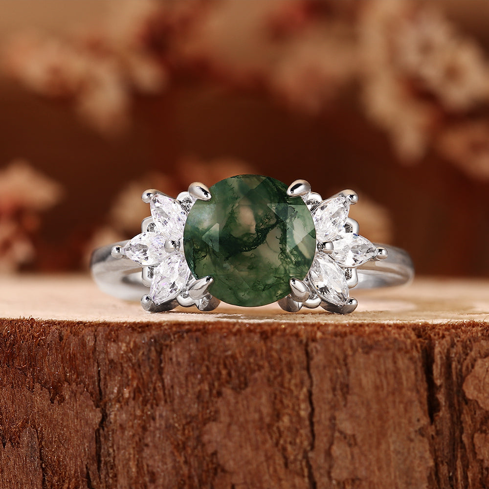 Unique Round Moss Agate Vintage Art Deco Flower Cluster Engagement Ring