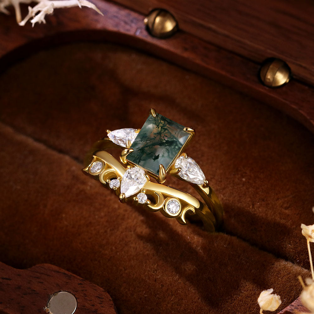 6x8 Emerald Cut Moss Agate Three Stone Ring Unique Bridal Ring Set