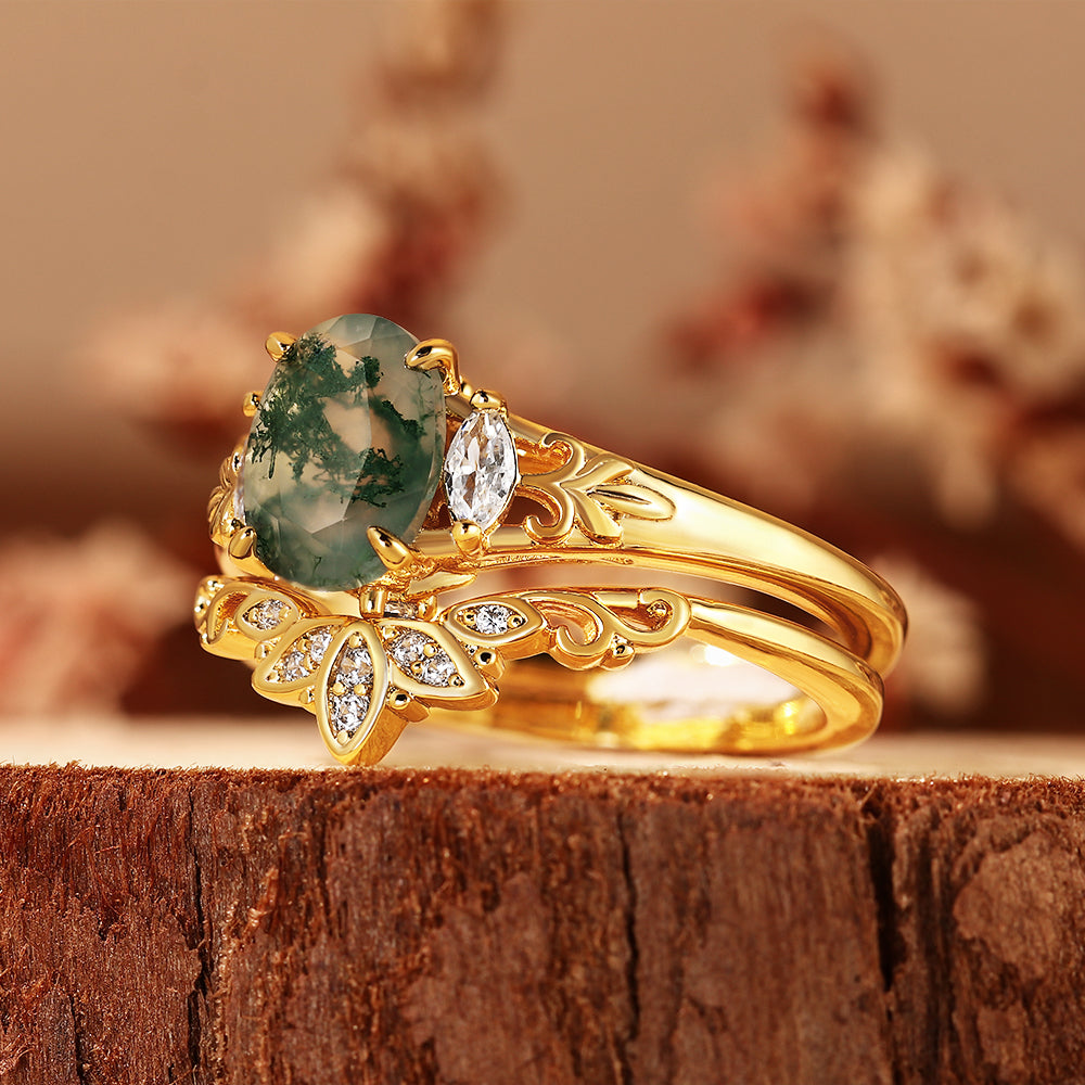 Oval Moss Agate Engagement Ring Bridal Set, Vintage Botanical Curved Matching Band Set