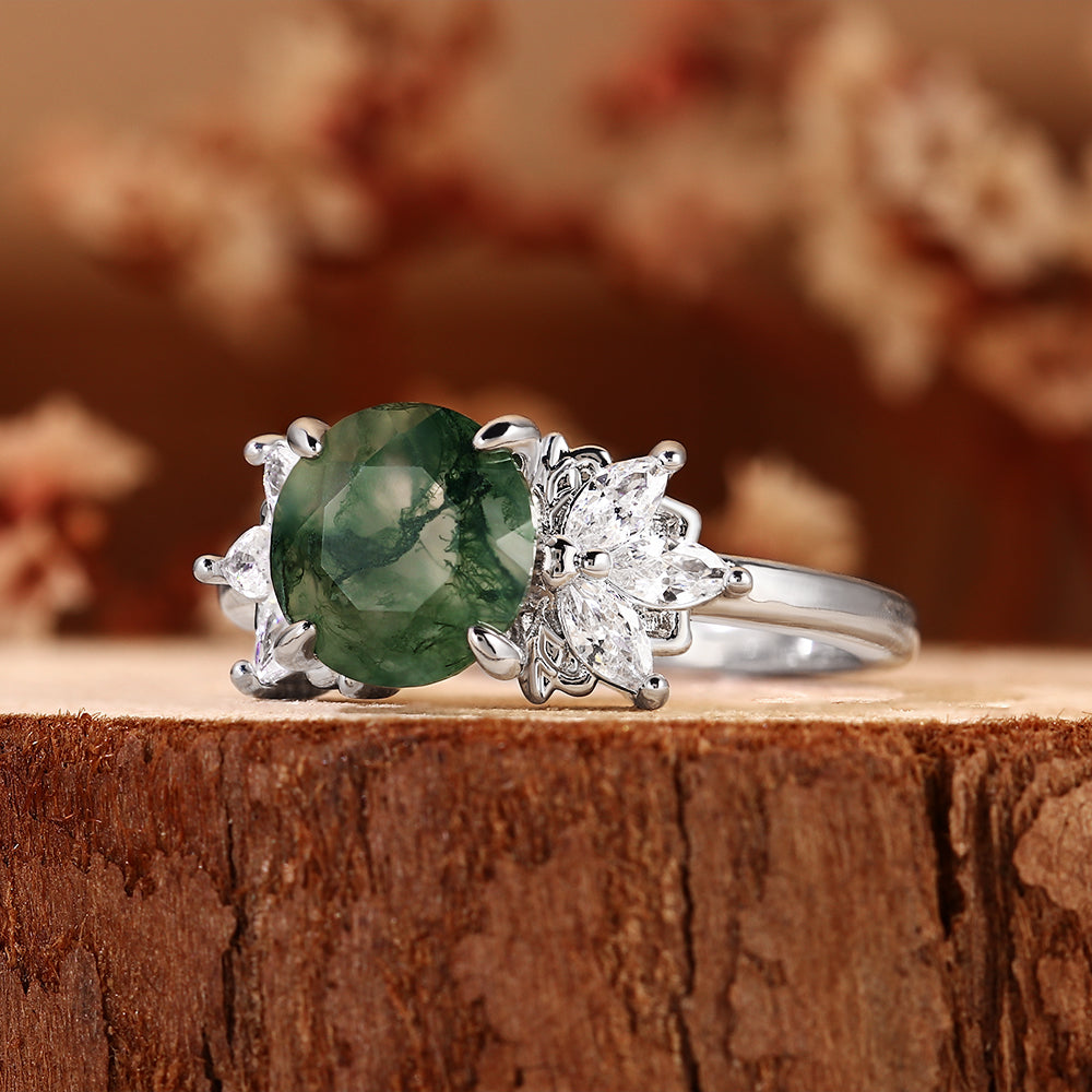 Unique Round Moss Agate Vintage Art Deco Flower Cluster Engagement Ring