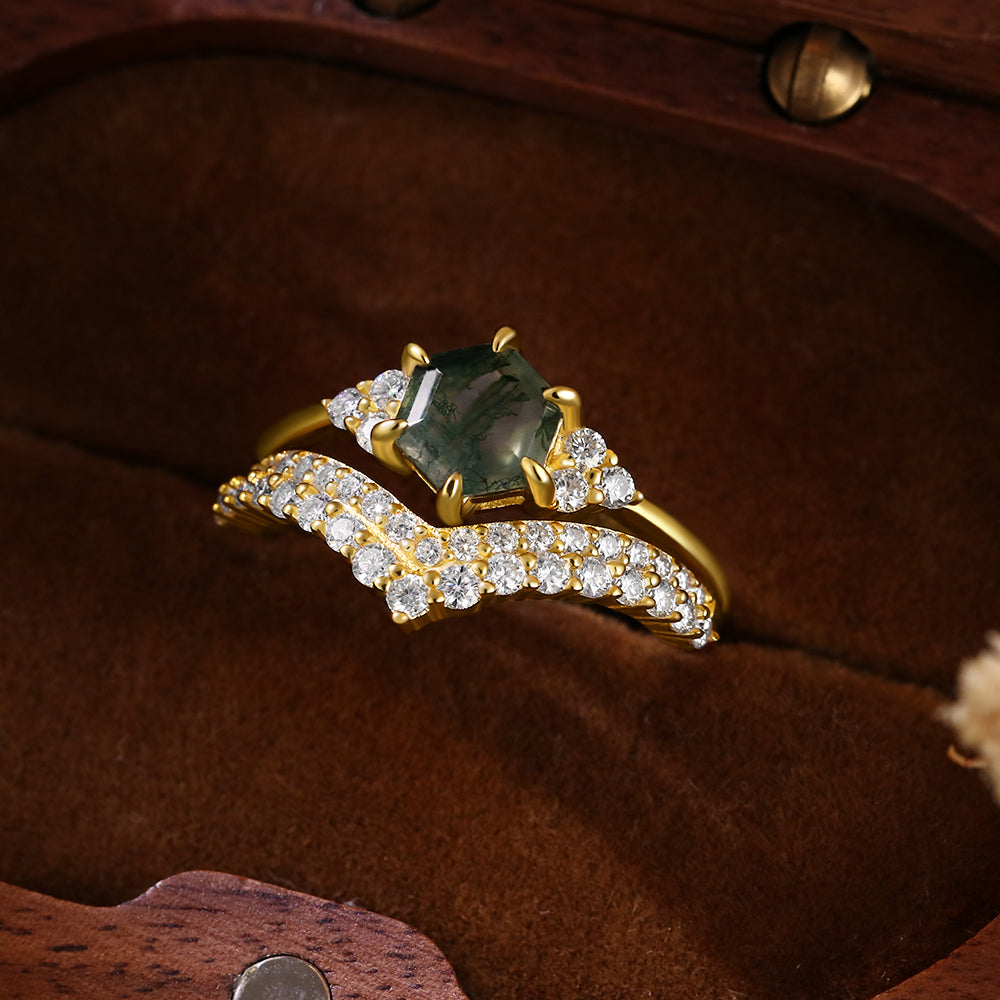 Vintage Unique 6*6 Hexagon Cut Moss Agate Retro Claw 6 Pron Bridal Set