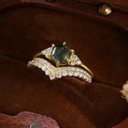 Vintage Unique 6*6 Hexagon Cut Moss Agate Retro Claw 6 Pron Bridal Set
