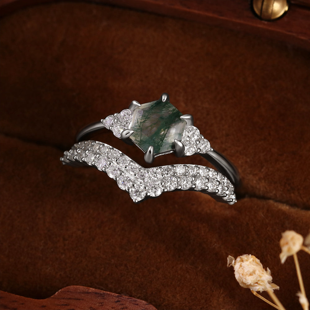 Vintage Unique 6*6 Hexagon Cut Moss Agate Retro Claw 6 Pron Bridal Set