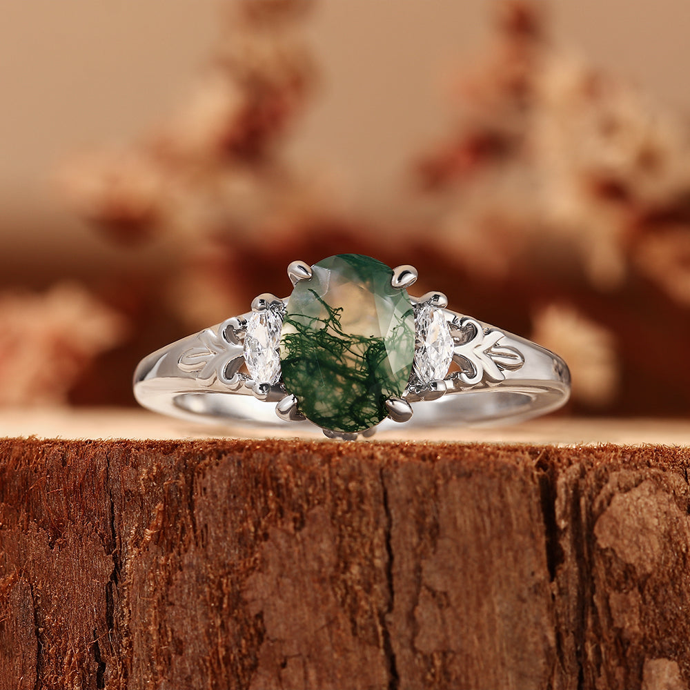 Nature Inspired Oval Cut Moss Agate Engagement Ring with Vintage Leaf Filigree
