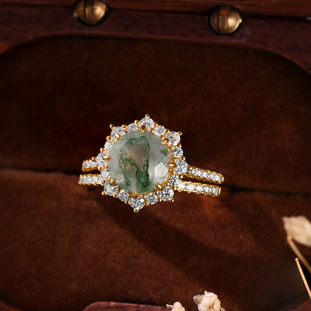 8mm Round Cut Moss Agate Halo Ring Bridal Set