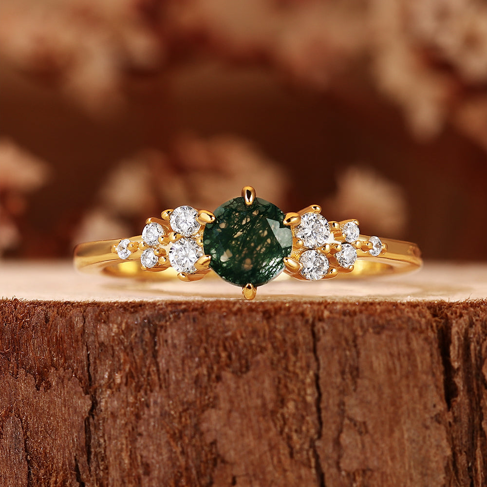 Unique Vintage Inspired Round Cut Moss Agate Cluster Engagement Ring