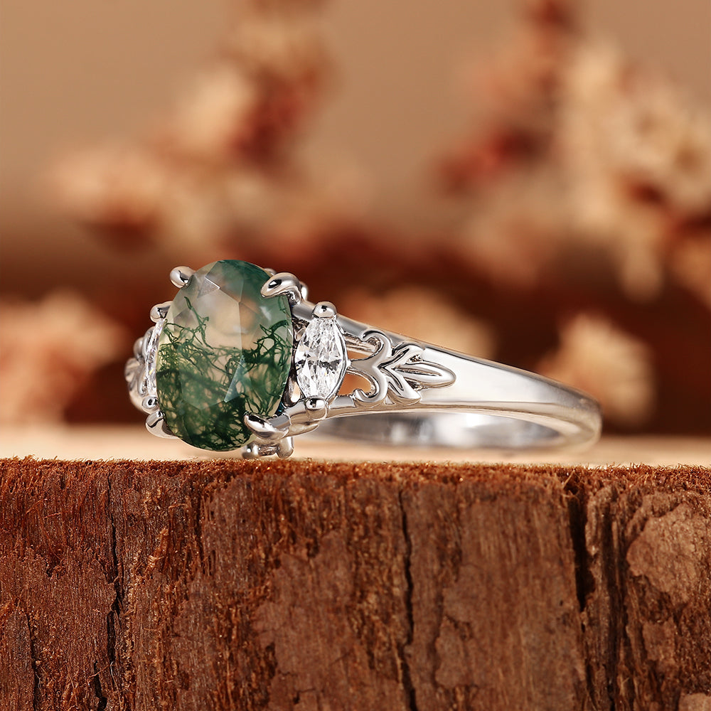 Nature Inspired Oval Cut Moss Agate Engagement Ring with Vintage Leaf Filigree
