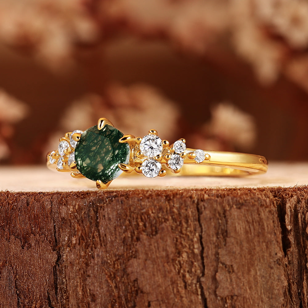 Unique Vintage Inspired Round Cut Moss Agate Cluster Engagement Ring