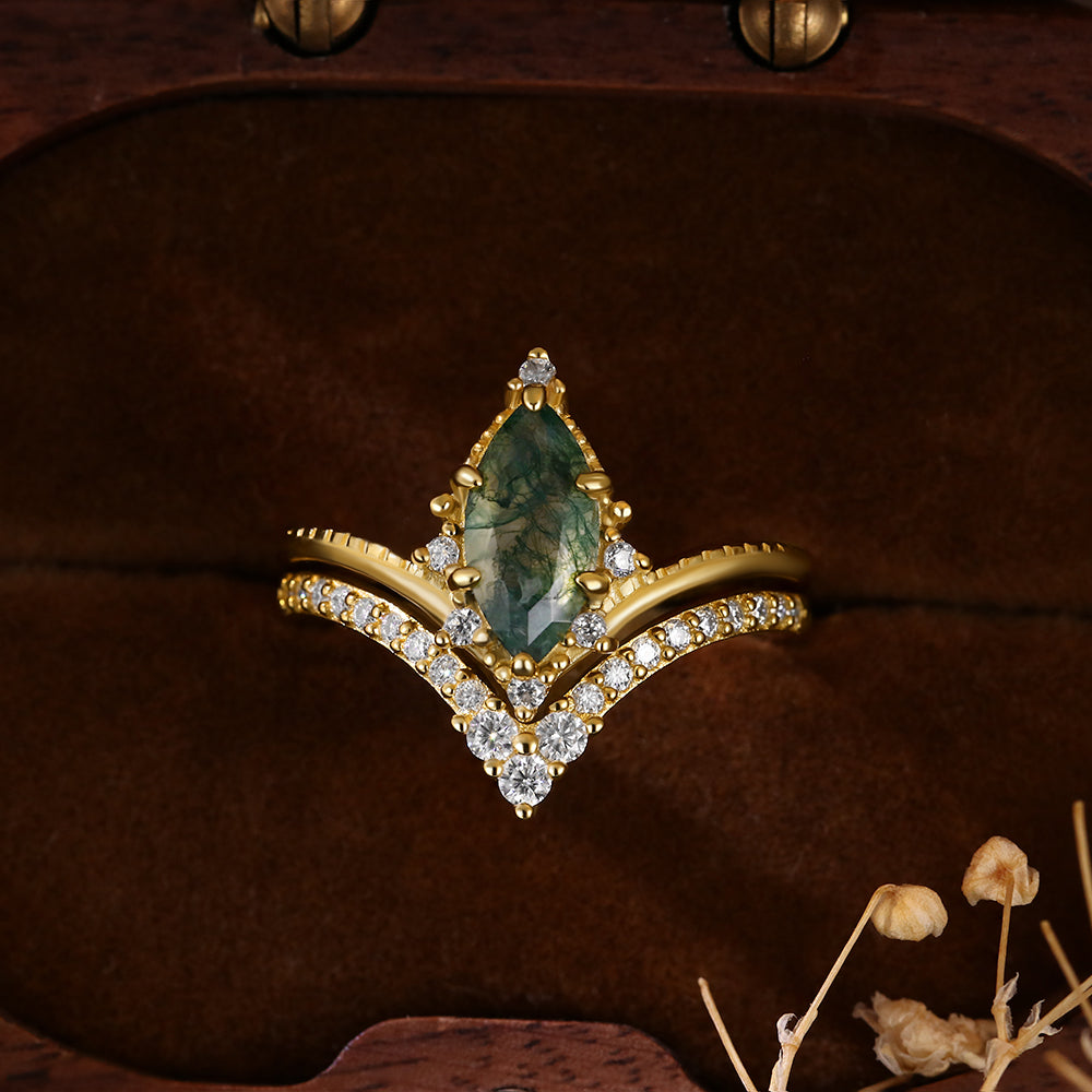 Vintage 5*10 Marquise Cut Moss Agate Retro Claw 6 Prong Bridal ring Set