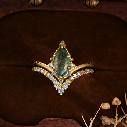 Vintage 5*10 Marquise Cut Moss Agate Retro Claw 6 Prong Bridal ring Set