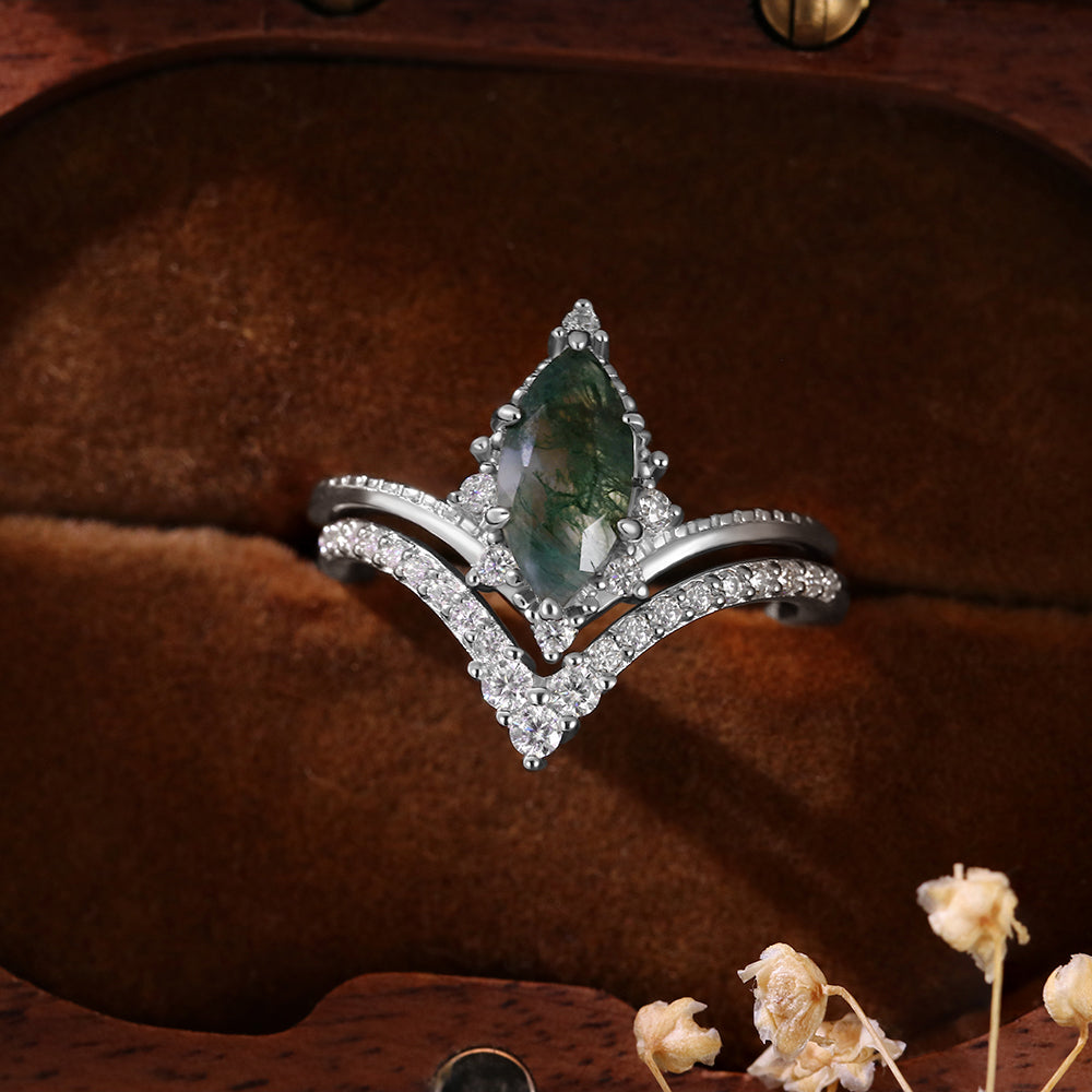 Vintage 5*10 Marquise Cut Moss Agate Retro Claw 6 Prong Bridal ring Set