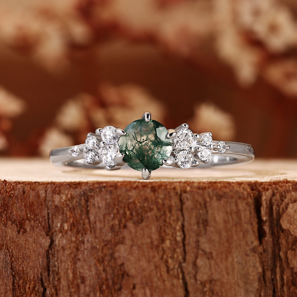 Unique Vintage Inspired Round Cut Moss Agate Cluster Engagement Ring