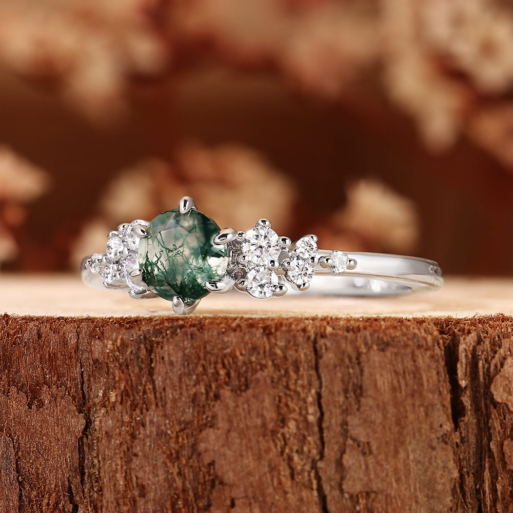 Unique Vintage Inspired Round Cut Moss Agate Cluster Engagement Ring