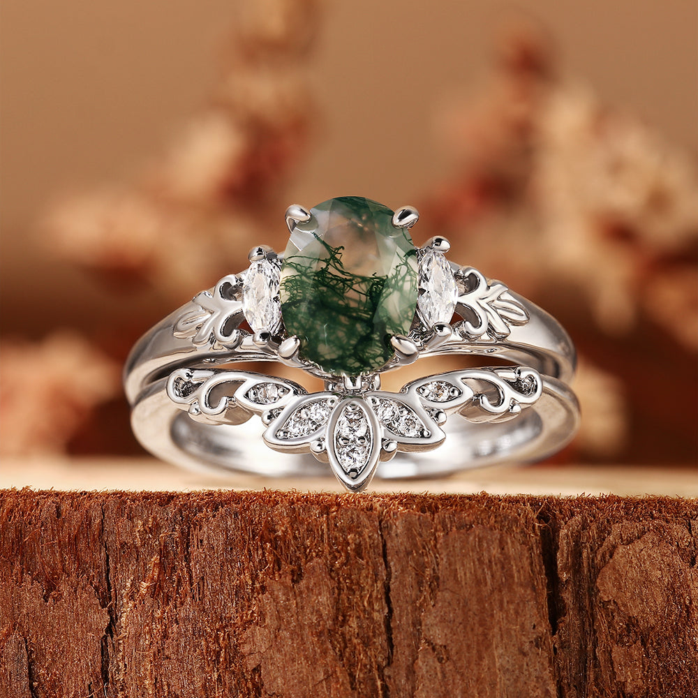 Oval Moss Agate Engagement Ring Bridal Set, Vintage Botanical Curved Matching Band Set