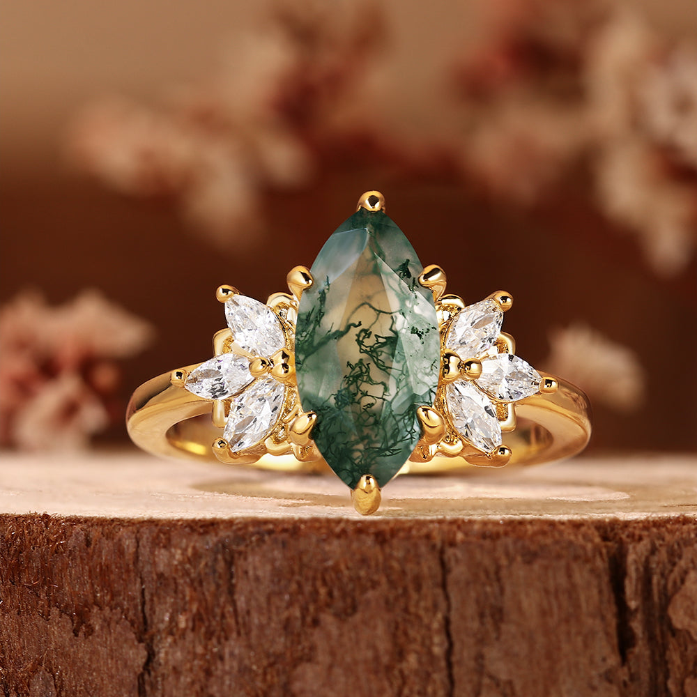 Vintage Nature Inspired Cluster Marquise Cut Moss Agate Engagement Ring