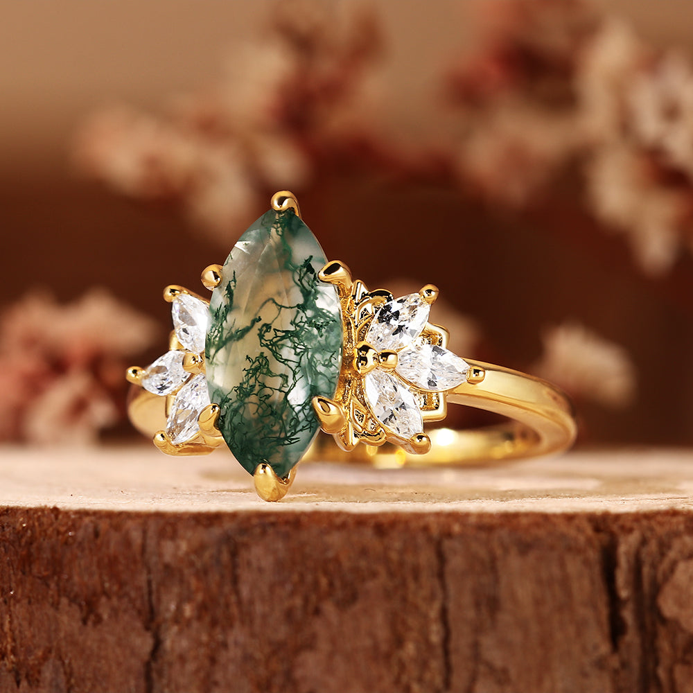 Vintage Nature Inspired Cluster Marquise Cut Moss Agate Engagement Ring
