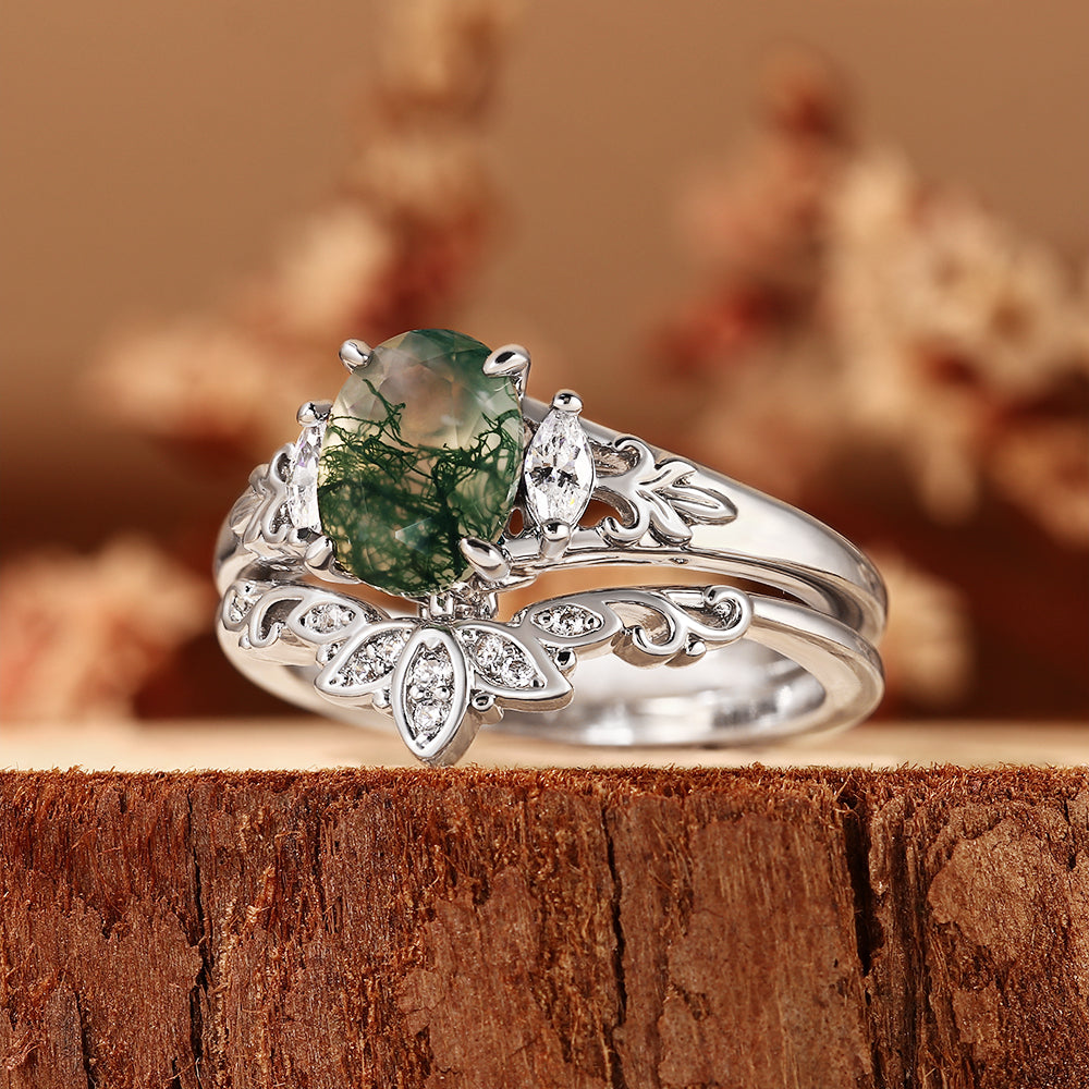 Oval Moss Agate Engagement Ring Bridal Set, Vintage Botanical Curved Matching Band Set