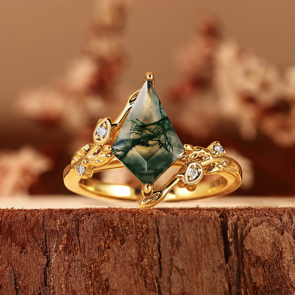 Kite Cut Moss Agate Nature Inspired Leaf Vine Engagement Ring