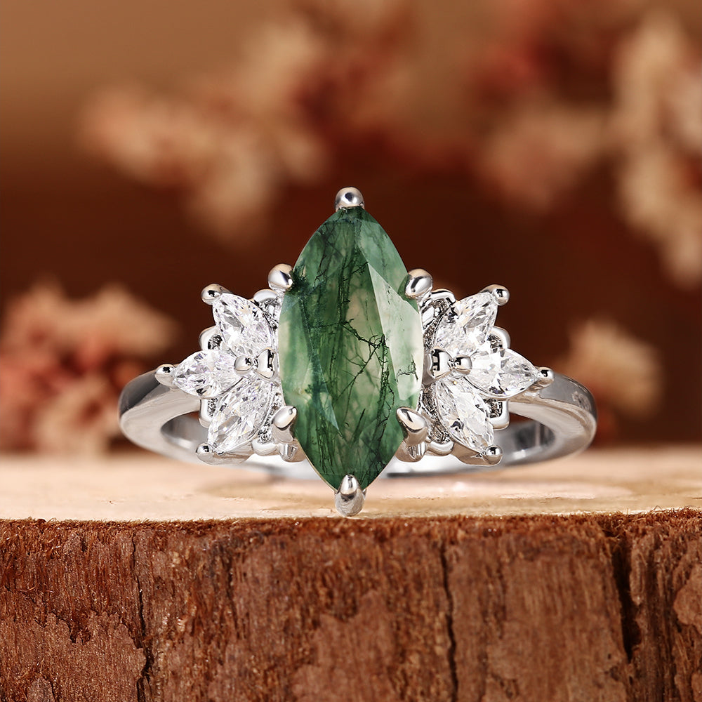 Vintage Nature Inspired Cluster Marquise Cut Moss Agate Engagement Ring