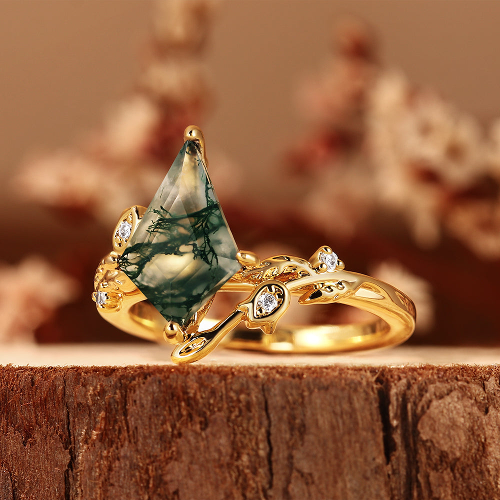 Kite Cut Moss Agate Nature Inspired Leaf Vine Engagement Ring