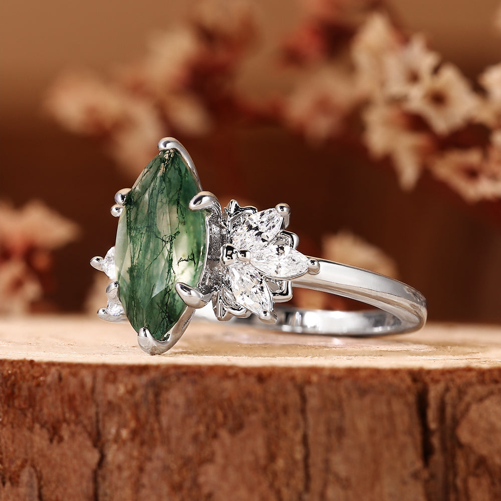 Vintage Nature Inspired Cluster Marquise Cut Moss Agate Engagement Ring