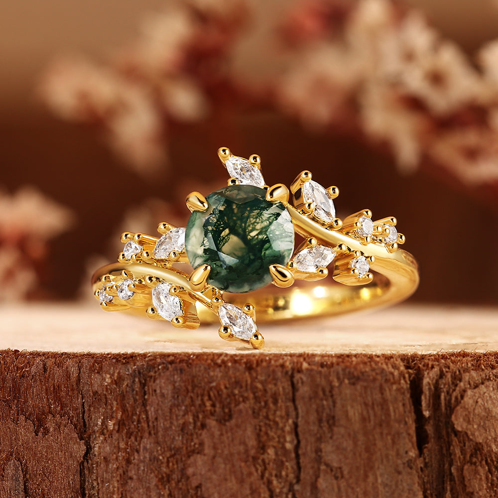 Nature Inspired Round Cut Moss Agate Leaf & Vine Engagement Ring