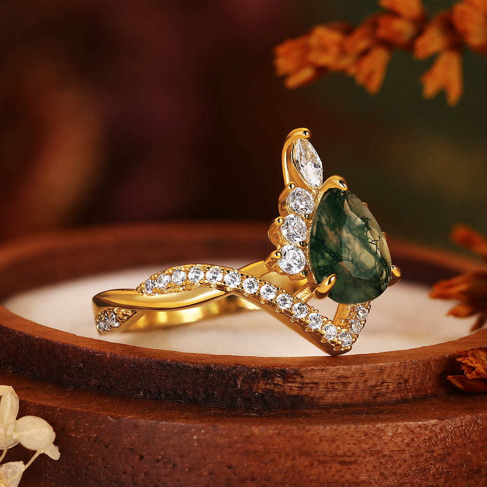 Forest Whisper - Pear Cut Moss Agate Crown Ring with Moissanite Chevron Band, Nature Inspired Wedding Jewelry