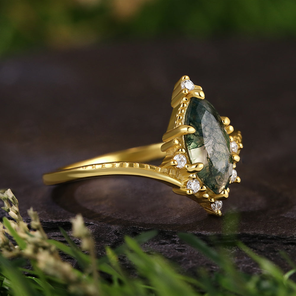 Vintage 5*10 Marquise Cut Moss Agate Retro Claw 6 Prong Engagement Ring