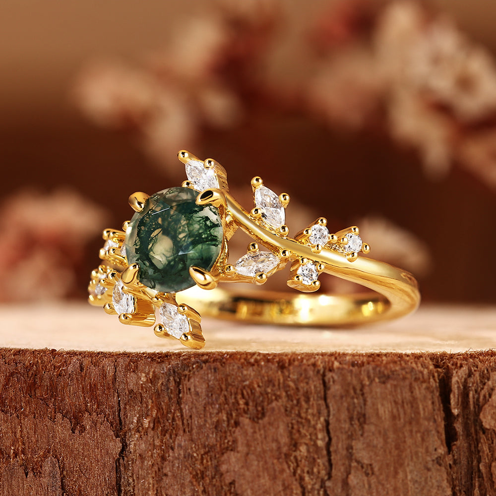 Nature Inspired Round Cut Moss Agate Leaf & Vine Engagement Ring
