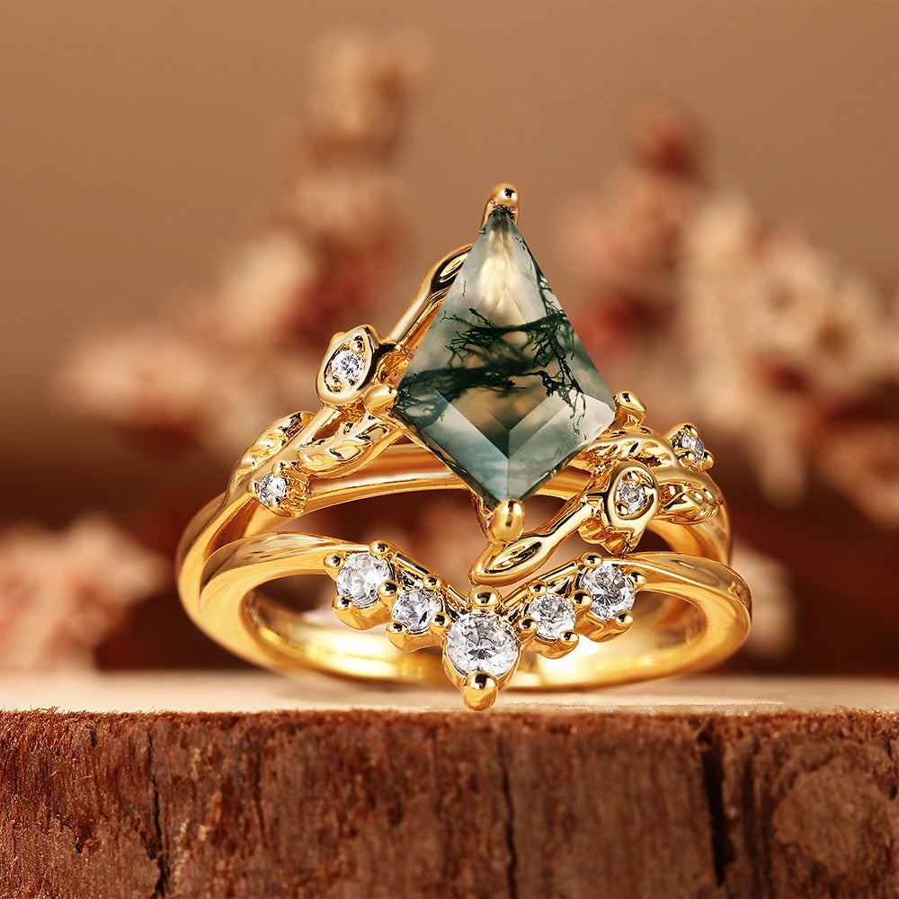 Vintage Kite Cut Moss Agate Nature Inspired Leaf Bridal Ring Set with V Shaped Curved Matching Band