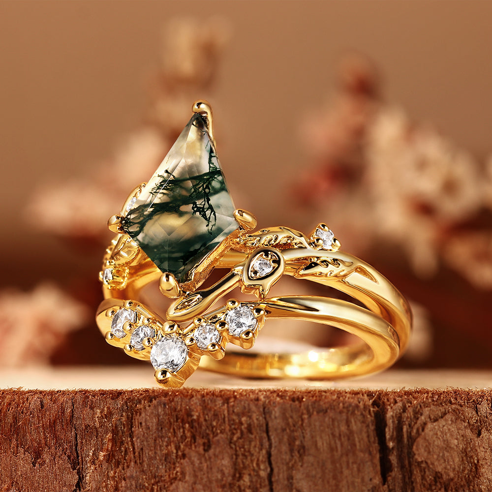 Vintage Kite Cut Moss Agate Nature Inspired Leaf Bridal Ring Set with V Shaped Curved Matching Band