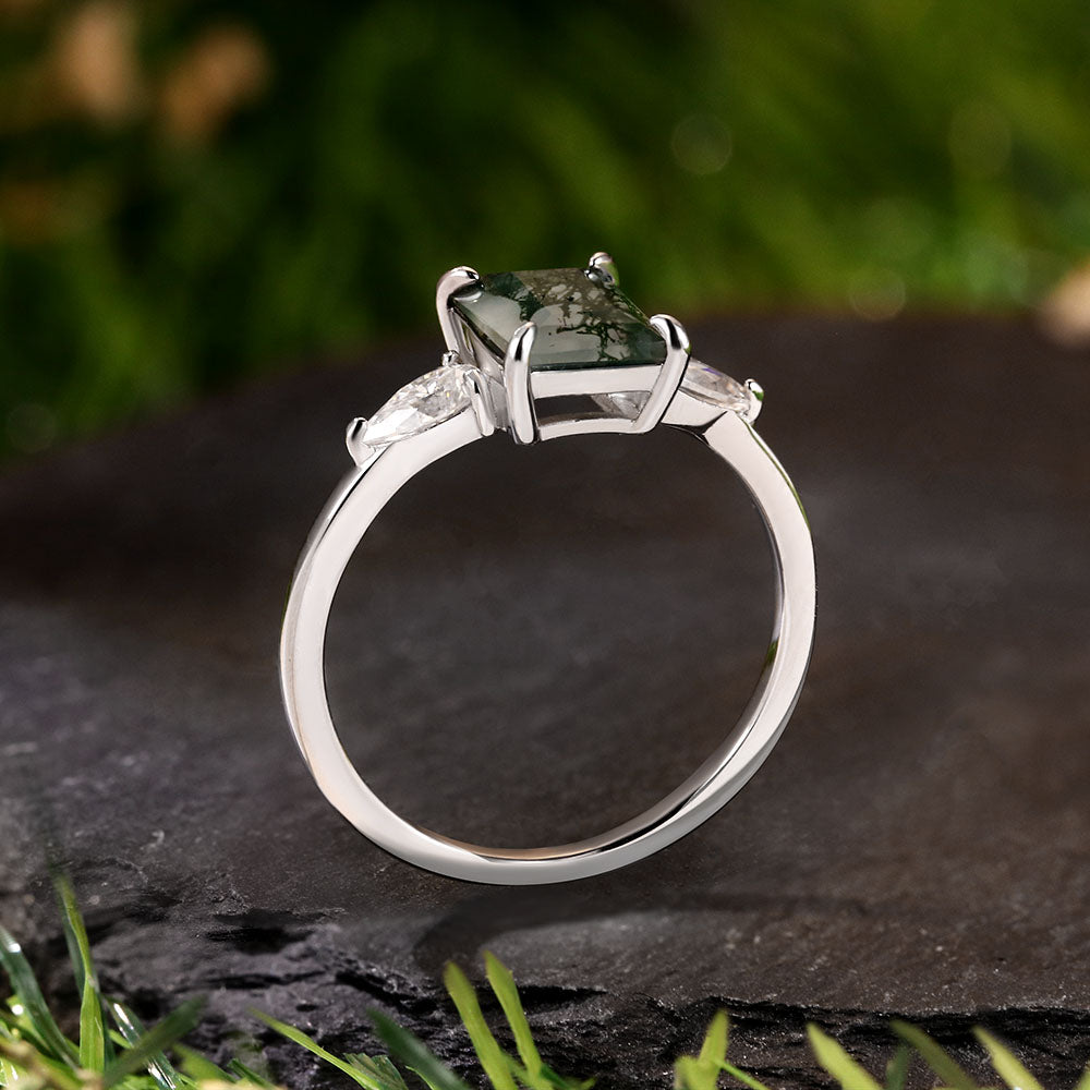 6*8 Emerald Cut Moss Agate Three Stone Ring Unique Engagement Ring