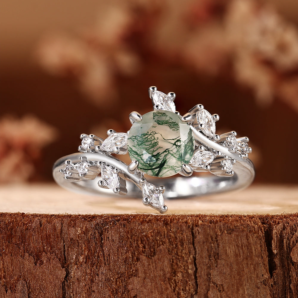 Nature Inspired Round Cut Moss Agate Leaf & Vine Engagement Ring