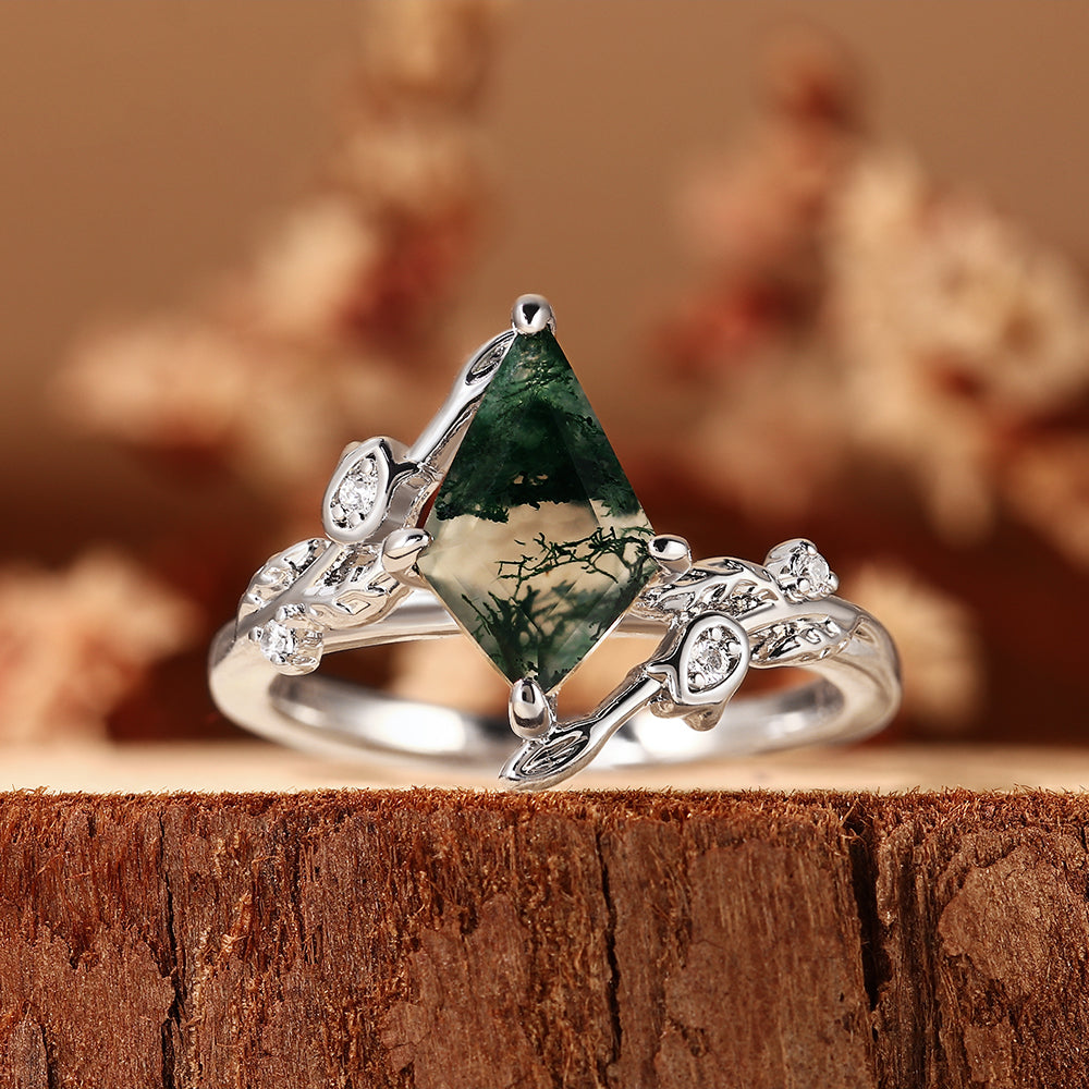 Kite Cut Moss Agate Nature Inspired Leaf Vine Engagement Ring