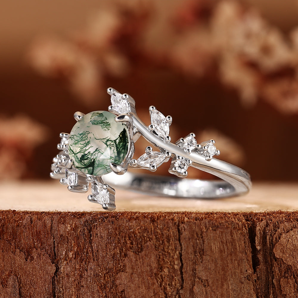 Nature Inspired Round Cut Moss Agate Leaf & Vine Engagement Ring
