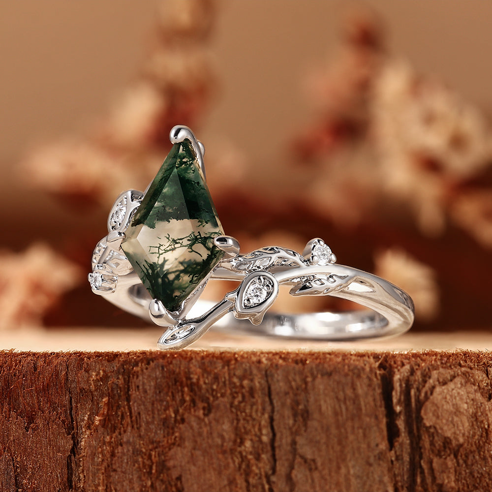 Kite Cut Moss Agate Nature Inspired Leaf Vine Engagement Ring