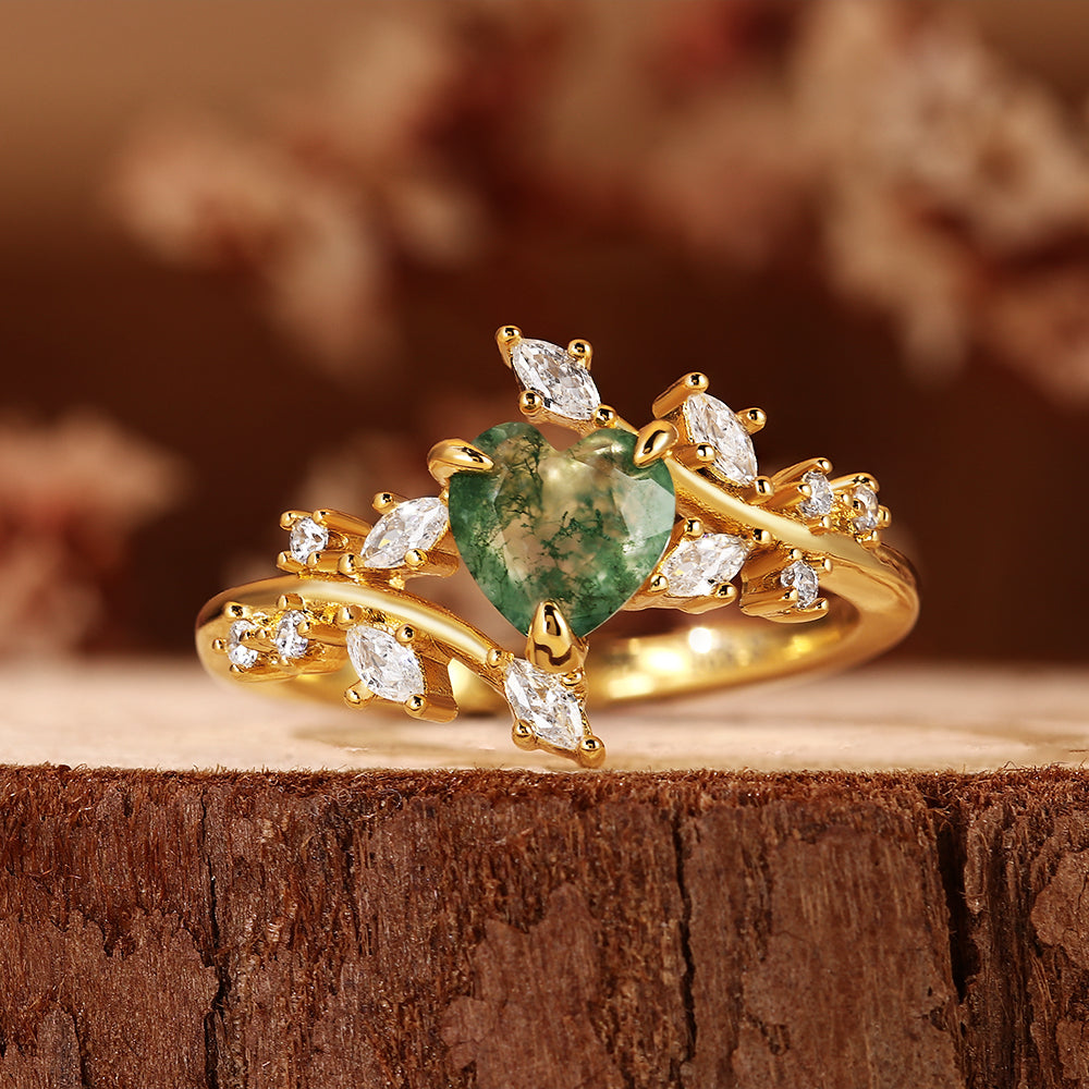 Nature Inspired Leaf Branch Heart Cut Moss Agate Engagement Ring