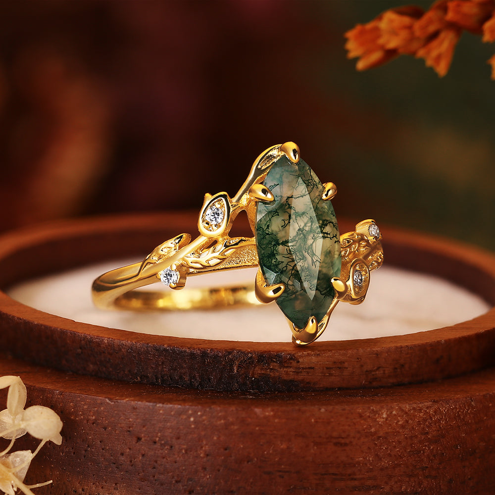 Ethereal Marquise Moss Agate Ring - Vintage Forest Inspired Leaf Design - Unique Anniversary or Promise Gift