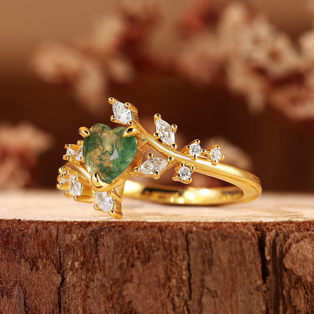 Nature Inspired Leaf Branch Heart Cut Moss Agate Engagement Ring