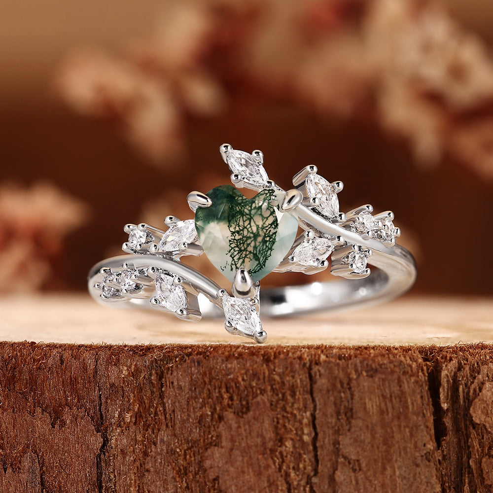 Nature Inspired Leaf Branch Heart Cut Moss Agate Engagement Ring