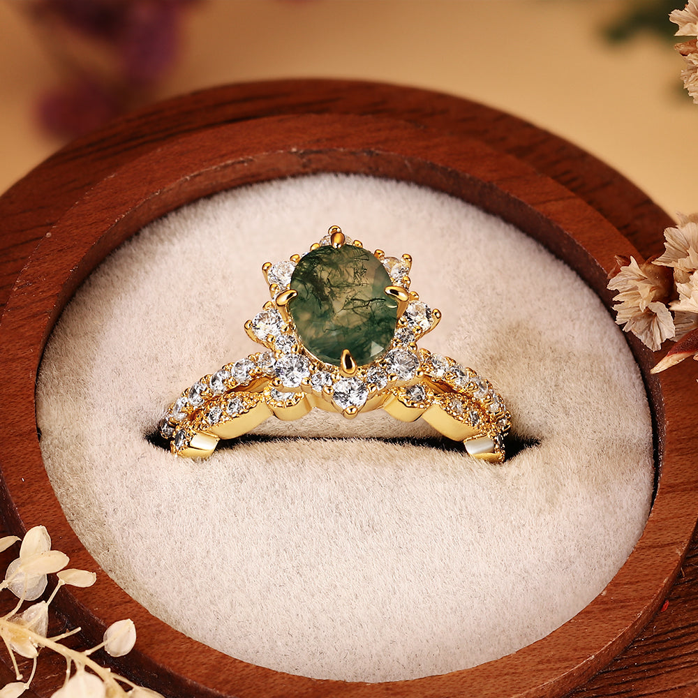 2PCS Oval Moss Agate Bridal Ring Set, Art Deco Starburst Halo Ring, Moissanite Wedding Band