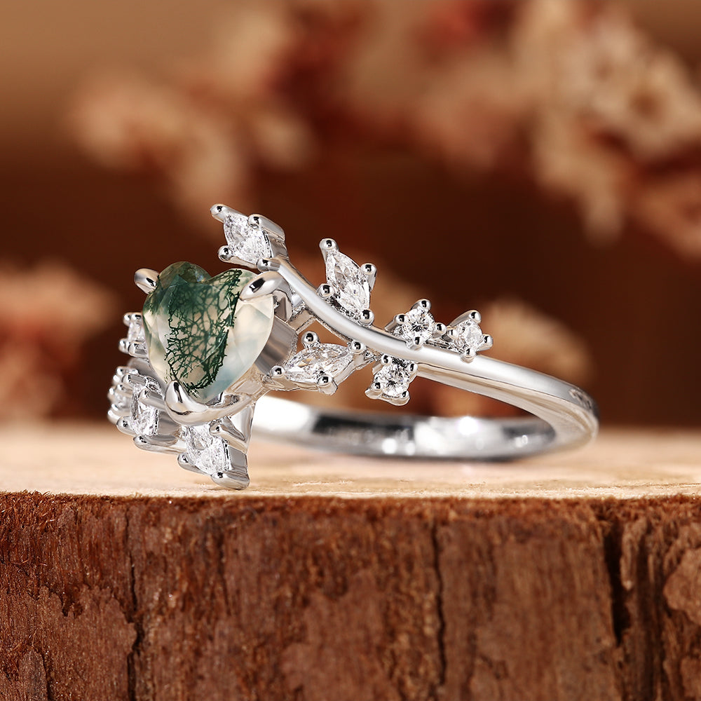Nature Inspired Leaf Branch Heart Cut Moss Agate Engagement Ring