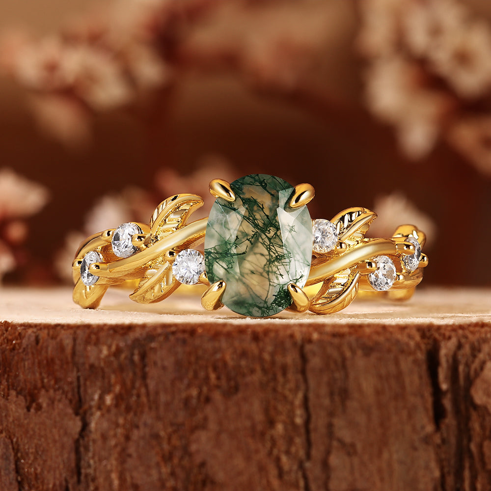 Nature Inspired Leaf Vine Oval Cut Moss Agate Engagement Ring